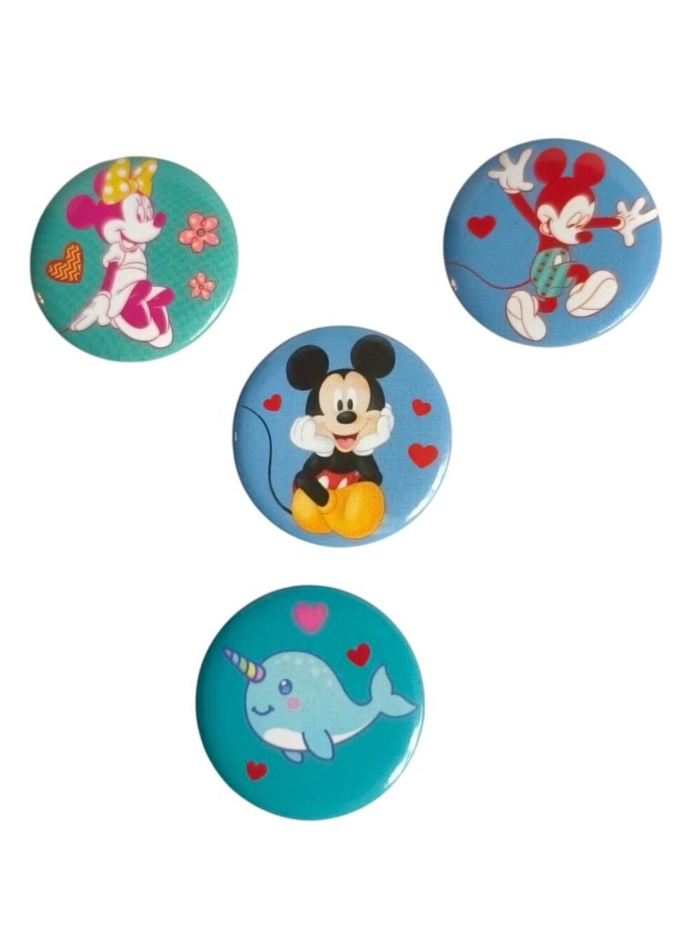 Mickey Minnie Mouse Pins Pinback Buttons Set Of 3 plus free Narwhal Pin Souvenir